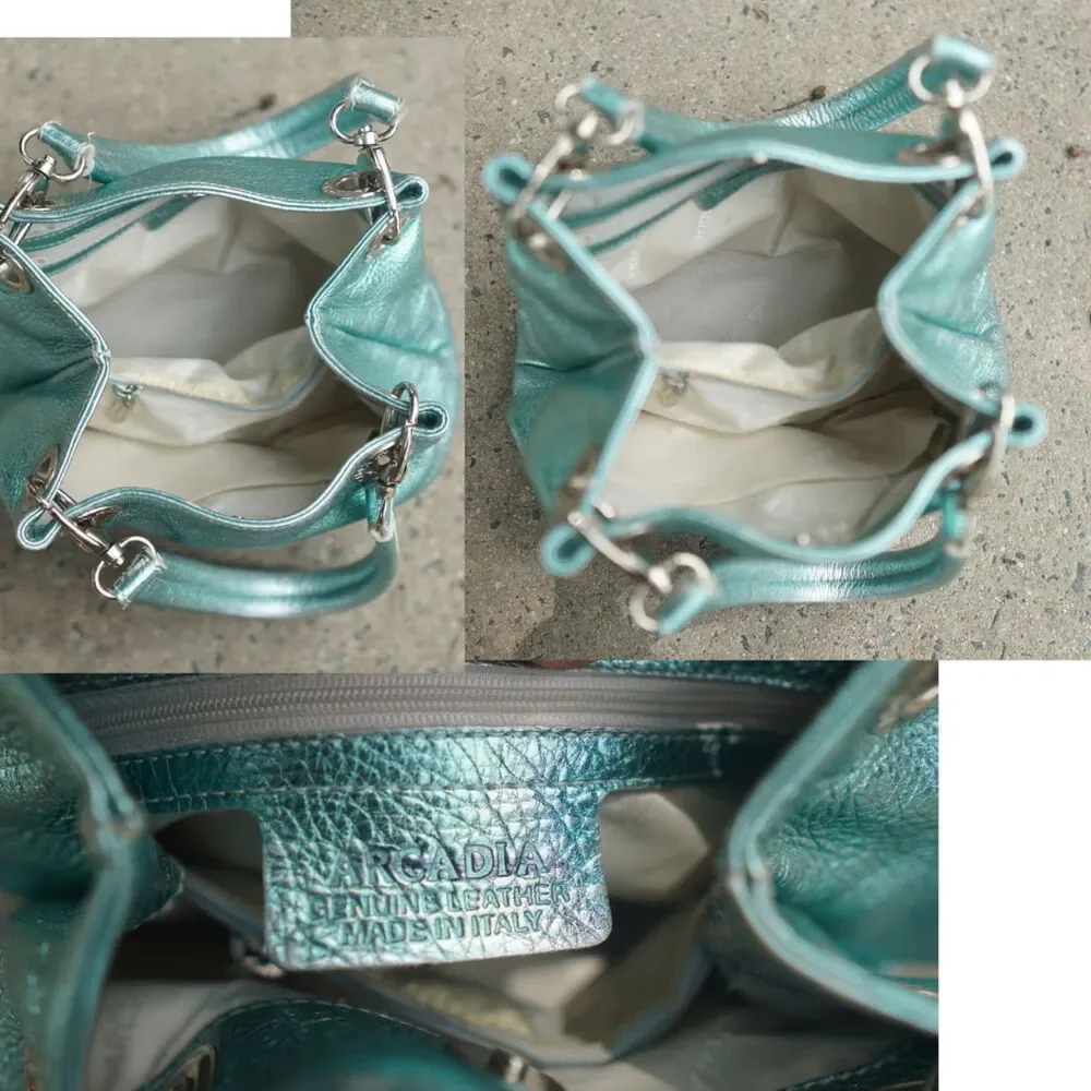 Arcadia Italy Metallic Turquoise Leather Grommet Shoulder Bag Y2K Vintage RARE